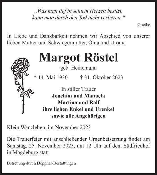Traueranzeige von Margot Röstel von Volksstimme Oschersleben/Wanzleben