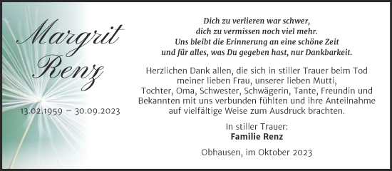Traueranzeige von Margrit Renz von Trauerkombi Merseburg