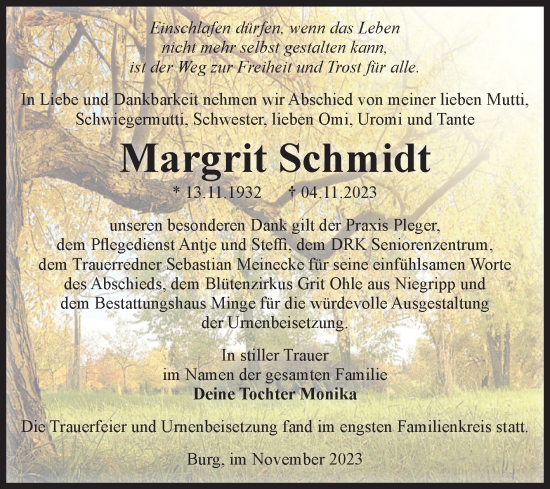Traueranzeige von Margrit Schmidt von Volksstimme Burg/Genthin