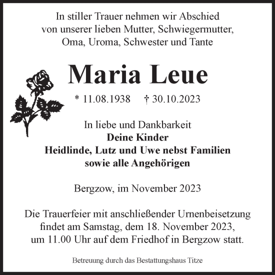 Traueranzeige von Maria Leue von Volksstimme Burg/Genthin