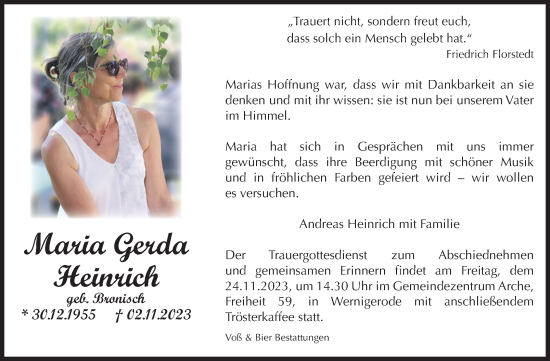 Traueranzeige von Maria Gerda Heinrich von Volksstimme Wernigerode
