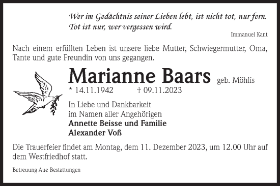 Traueranzeige von Marianne Baars von Volksstimme Magdeburg