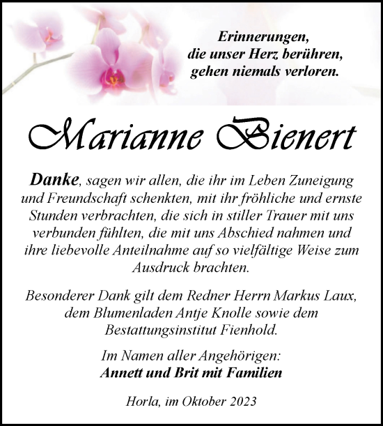 Traueranzeige von Marianne Bienert von Trauerkombi Sangerhausen