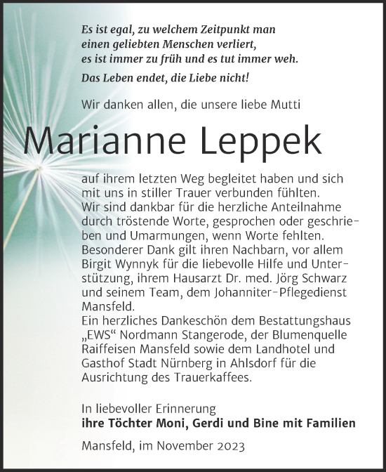 Traueranzeige von Marianne Leppek von Trauerkombi Mansfelder Land