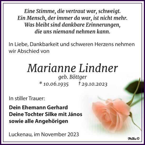Traueranzeige von Marianne Lindner von Trauerkombi Zeitz