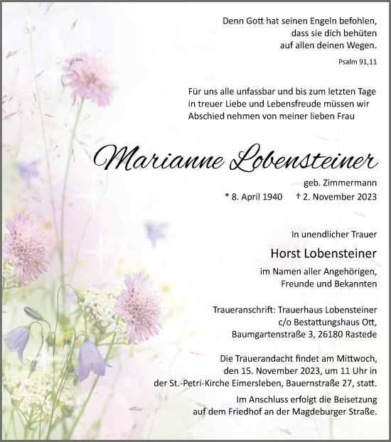 Traueranzeige von Marianne Lobensteiner von Volksstimme Haldensleben/Wolmirstedt