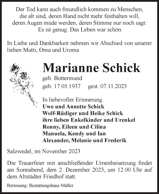 Traueranzeige von Marianne Schick von Volksstimme Altmark West
