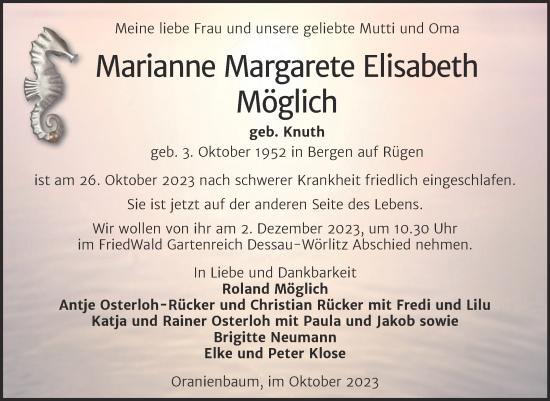 Traueranzeige von Marianne Margarete Elisabeth Möglich von Trauerkombi Dessau