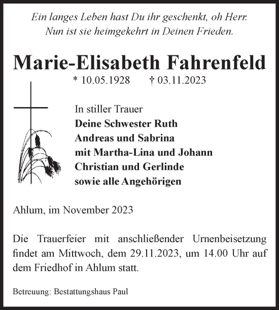 Traueranzeige von Marie-Elisabeth Fahrenfeld von Volksstimme Altmark West