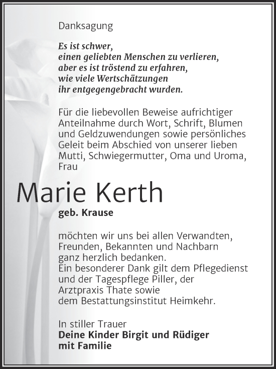 Traueranzeige von Marie Kerth von Trauerkombi Weißenfels