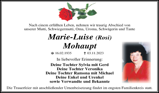 Traueranzeige von Marie-Luise Mohaupt von Trauerkombi Wittenberg