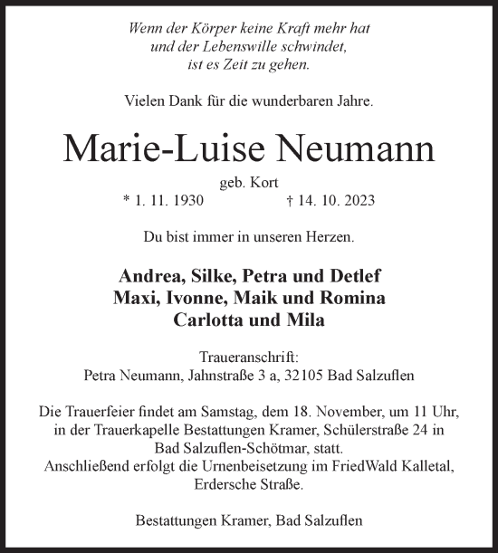 Traueranzeige von Marie-Luise Neumann von Volksstimme Altmark Ost