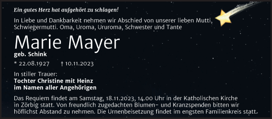Traueranzeige von Marie Mayer von Mitteldeutsche Zeitung Bitterfeld