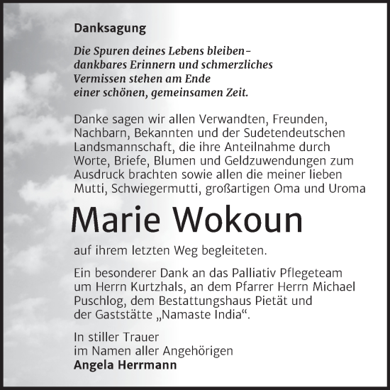 Traueranzeige von Marie Wokoun von Trauerkombi Wittenberg