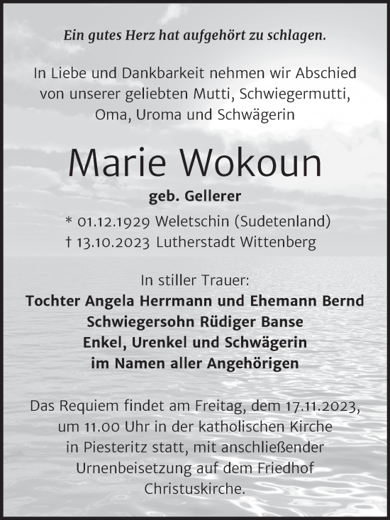 Traueranzeige von Marie Wokoun von Trauerkombi Wittenberg
