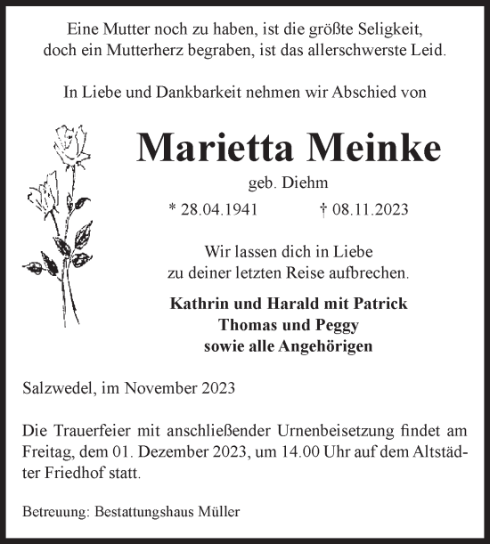 Traueranzeige von Marietta Meinke von Volksstimme Altmark West