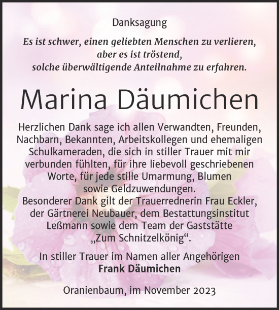 Traueranzeige von Marina Däumichen von Trauerkombi Wittenberg
