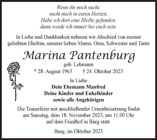 Traueranzeige von Marina Pantenburg von Volksstimme Burg/Genthin