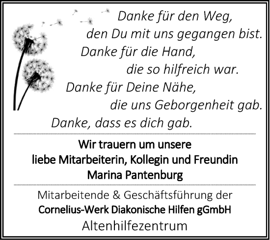 Traueranzeige von Marina Pantenburg von Volksstimme Burg/Genthin