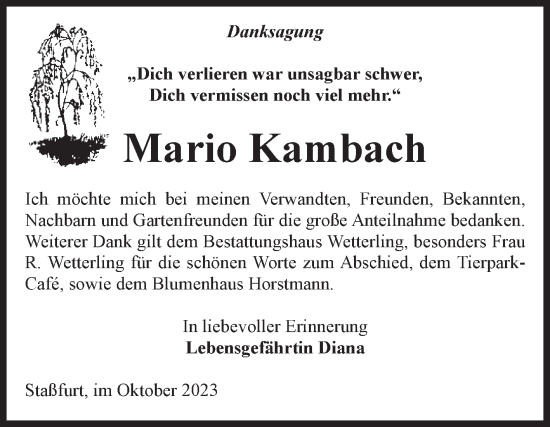 Traueranzeige von Mario Kambach von Volksstimme Staßfurt