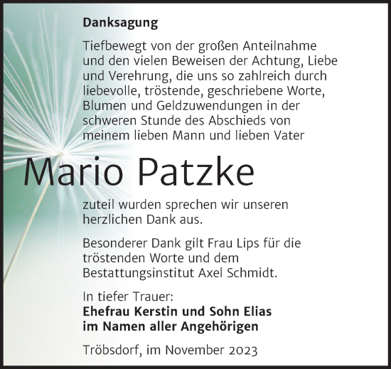 Traueranzeige von Mario Patzke von Wochenspiegel Naumburg/Nebra