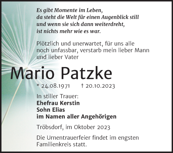 Traueranzeige von Mario Patzke von Wochenspiegel Naumburg/Nebra