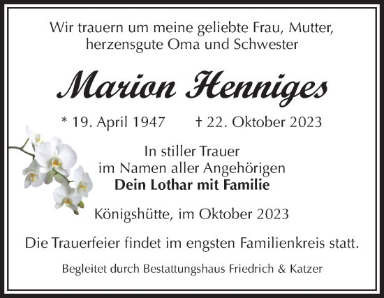 Traueranzeige von Marion Henniges von Volksstimme Wernigerode