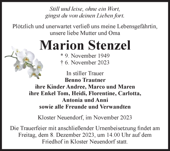 Traueranzeige von Marion Stenzel von Volksstimme Altmark West