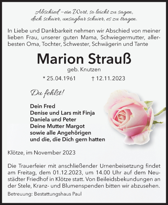 Traueranzeige von Marion Strauß von Volksstimme Altmark West