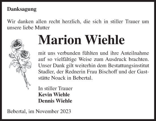 Traueranzeige von Marion Wiehle von Volksstimme Haldensleben/Wolmirstedt
