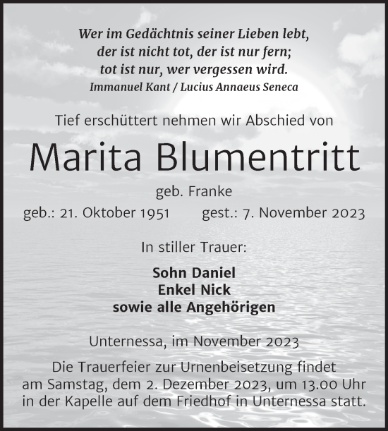 Traueranzeige von Marita Blumentritt von Trauerkombi Weißenfels