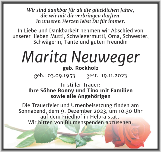 Traueranzeige von Marita Neuweger von Trauerkombi Mansfelder Land