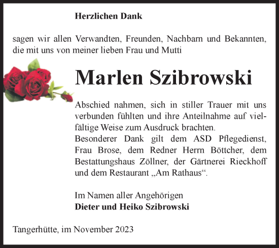 Traueranzeige von Marlen Szibrowski von Volksstimme Altmark Ost