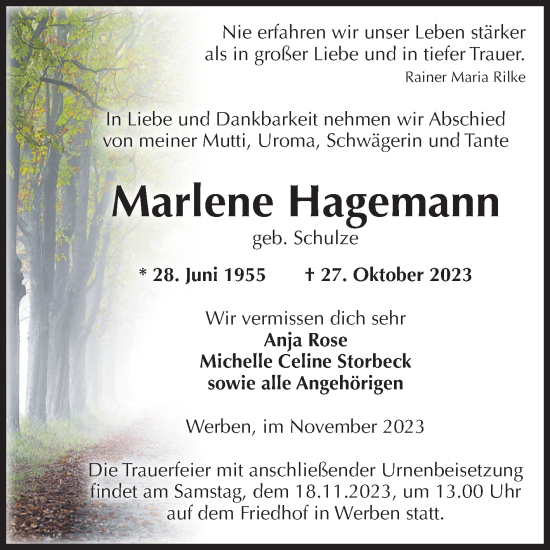 Traueranzeige von Marlene Hagemann von Volksstimme Altmark Ost