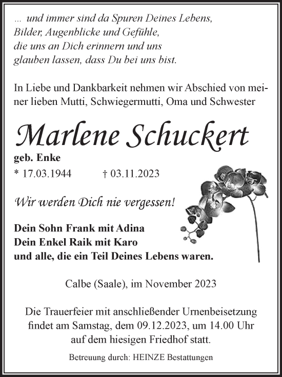 Traueranzeige von Marlene Schuckert von Volksstimme Schönebeck