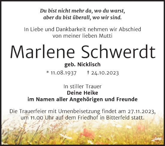 Traueranzeige von Marlene Schwerdt von Trauerkombi Bitterfeld