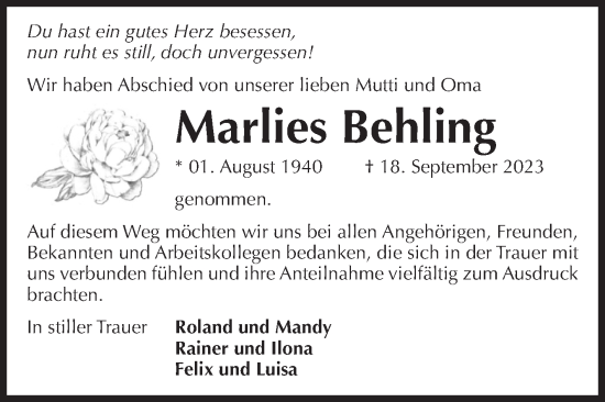 Traueranzeige von Marlies Behling von Volksstimme Magdeburg