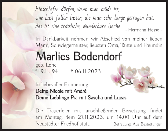 Traueranzeige von Marlies Bodendorf von Volksstimme Magdeburg