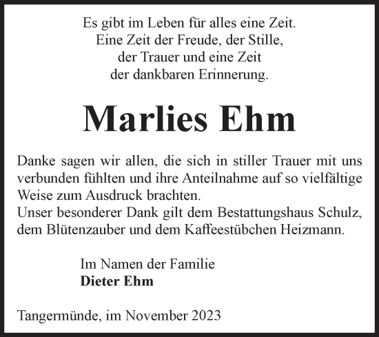 Traueranzeige von Marlies Ehm von Volksstimme Altmark Ost