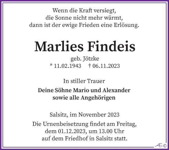 Traueranzeige von Marlies Findeis von Trauerkombi Zeitz