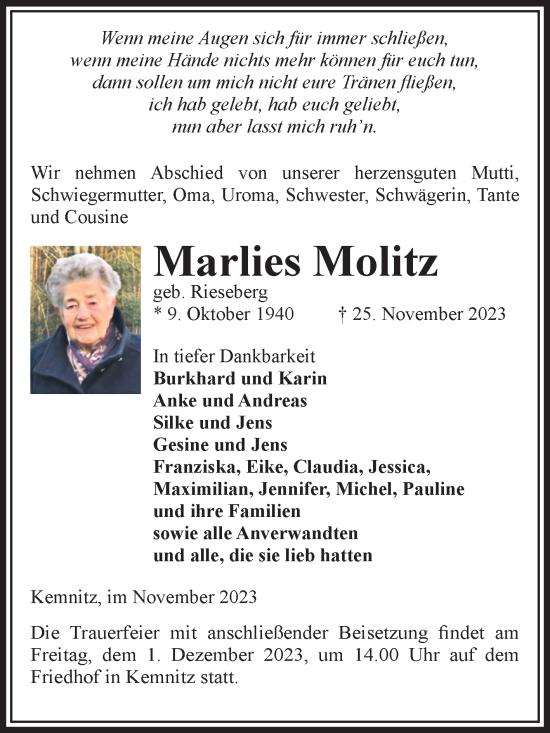 Traueranzeige von Marlies Molitz von Volksstimme Altmark West