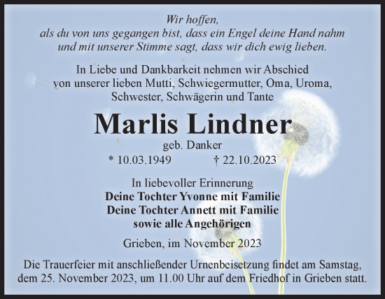 Traueranzeige von Marlis Lindner von Volksstimme Altmark Ost
