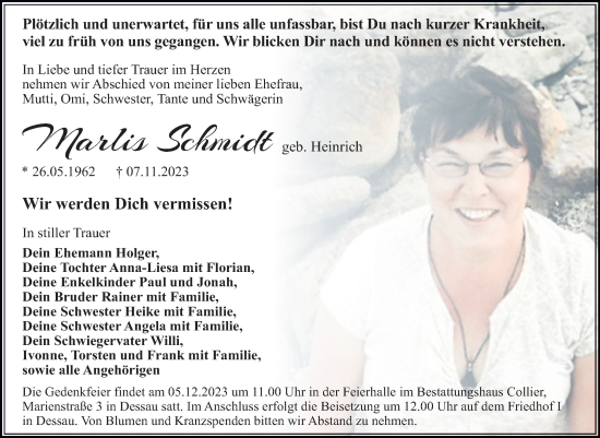 Traueranzeige von Marlis Schmidt von Trauerkombi Dessau