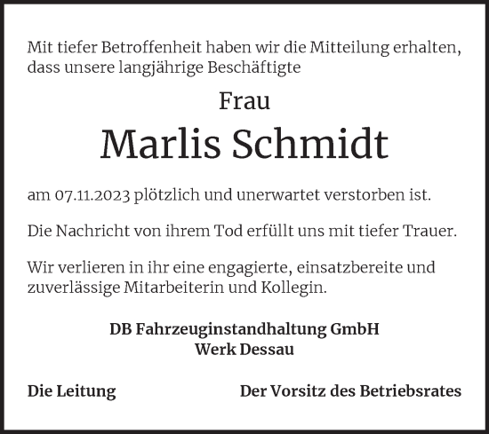 Traueranzeige von Marlis Schmidt von Mitteldeutsche Zeitung Dessau-Roßlau