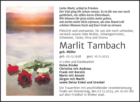 Traueranzeige von Marlit Tambach von Trauerkombi Sangerhausen