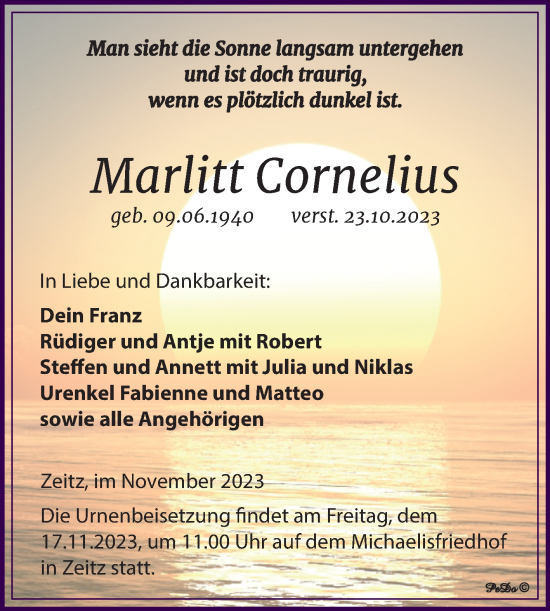 Traueranzeige von Marlitt Cornelius von Trauerkombi Zeitz