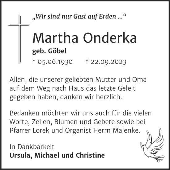 Traueranzeige von Martha Onderka von Trauerkombi Aschersleben