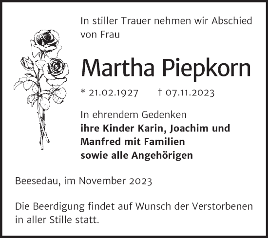 Traueranzeige von Martha Piepkorn von Trauerkombi Bernburg