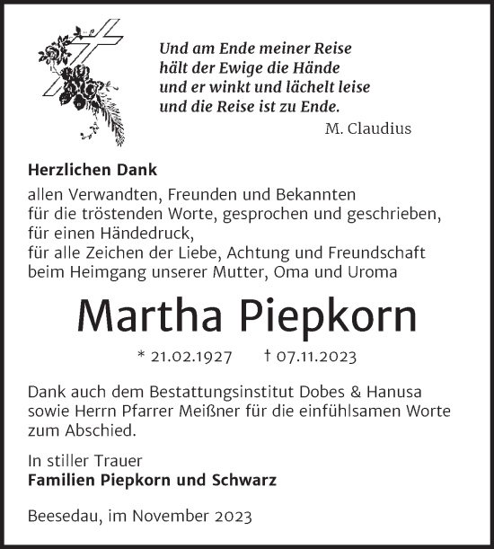 Traueranzeige von Martha Piepkorn von Trauerkombi Bernburg