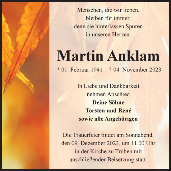 Traueranzeige von Martin Anklam von Volksstimme Zerbst